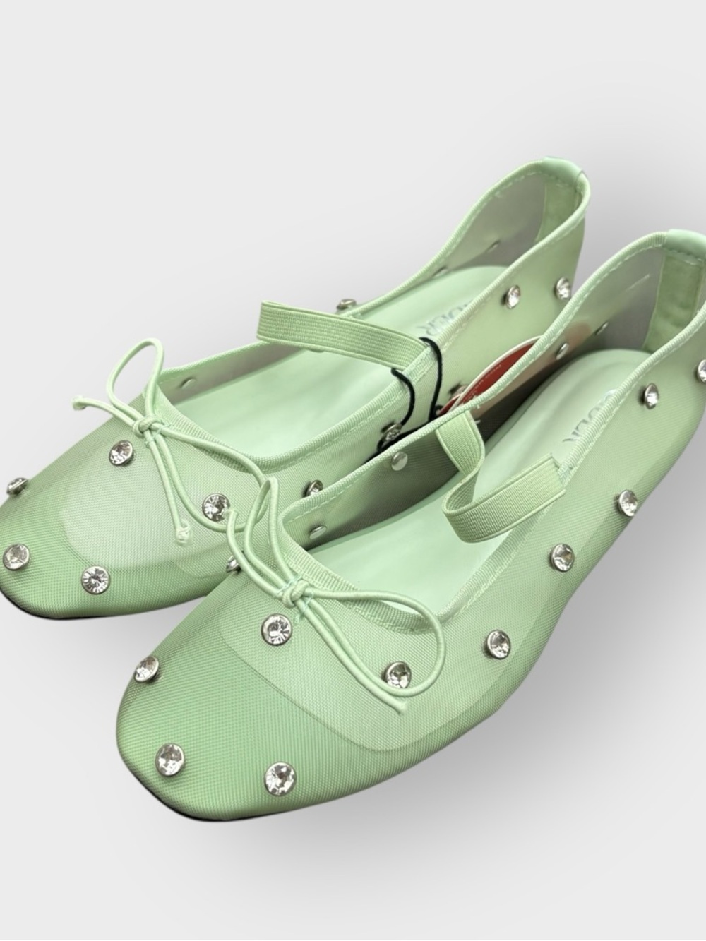 Cider Mint Mesh Crystal-Embellished Ballet Flats with Strap - Mary Jane Flats